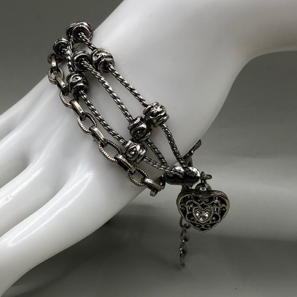 Curated bundle antique silver tone chain metal bracelets, heart charm, romantic.